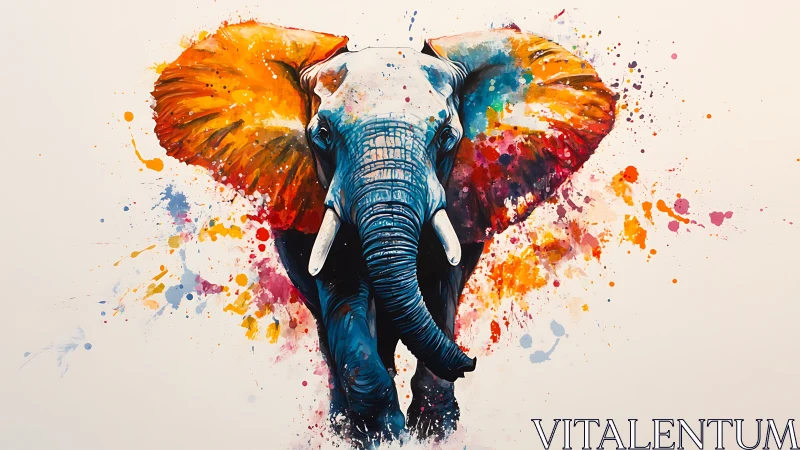Color-splashed elephant portrait bursts from white background