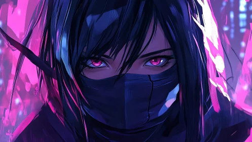 Masked cyberpunk assassin with neon magenta illuminated gaze.