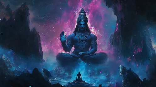 Cosmic blue deity meditates above mystic canyon shrine
