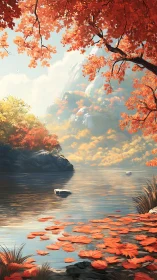 Mountain lake reflects dense autumn foliage in soft light