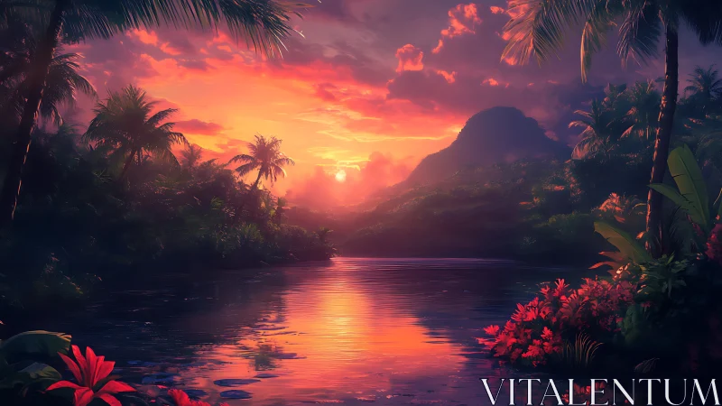 Tropical lagoon sunset ignites clouds and mirrored water.