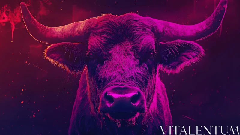 Neon-gradient cyber bull portrait in symmetrical frontal framing.