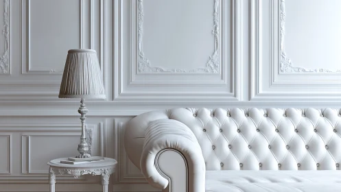 Elegant white tufted sofa anchors a serene neoclassical room