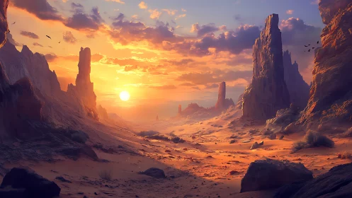 Rock formations in desert valley under low sunset sun.