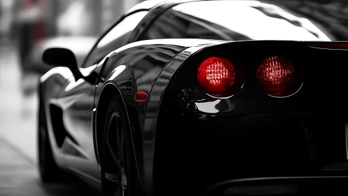 Rear perspective of glossy black sports car at dusk.
