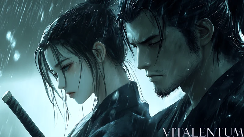 Two samurai stand in close profile under steady rainfall