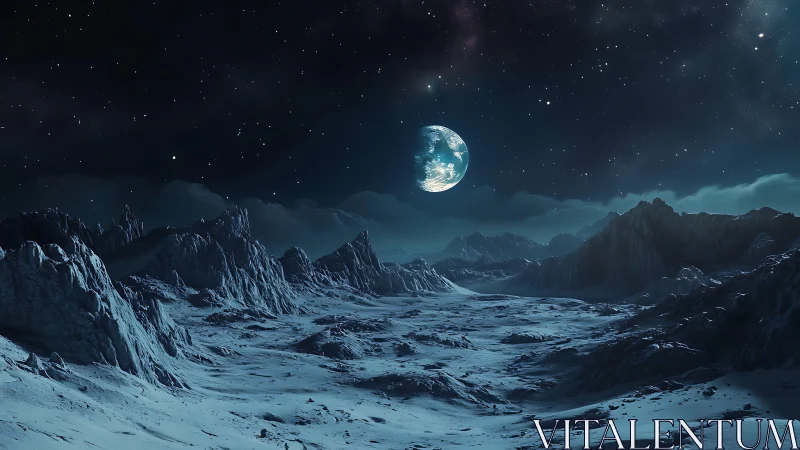 Frozen alien valley hums softly beneath a distant blue world