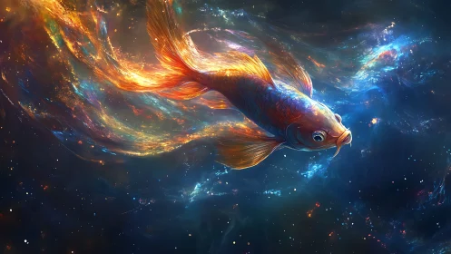 Koi fish rendered in luminous nebula-like aquatic space.