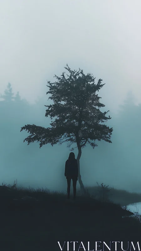 Minimalist silhouette under solitary tree in foggy landscape.