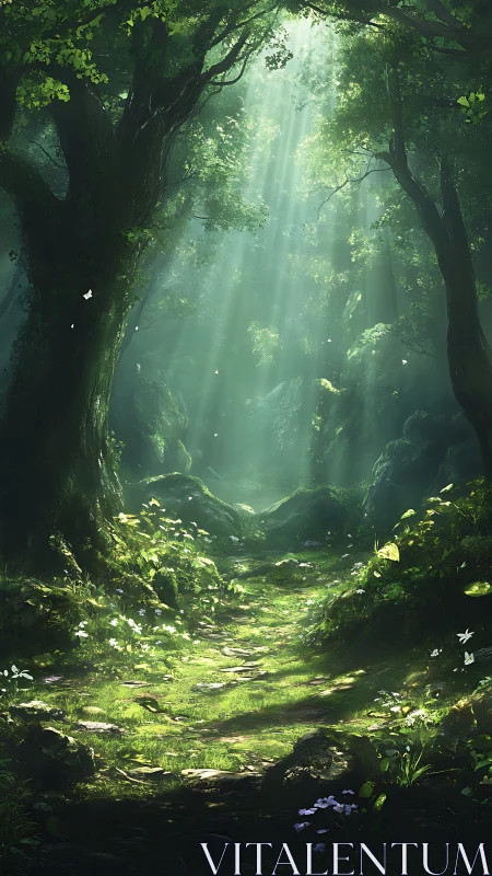 Misty Forest Canopy with Sunlight Through Trees