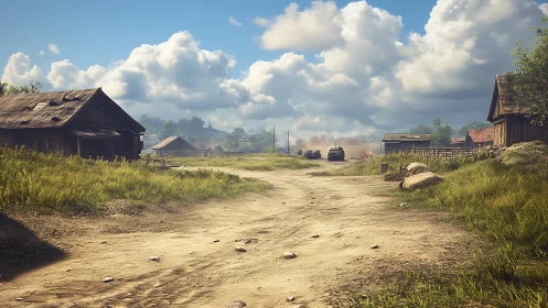 Sunlit country lane meets quiet convoy in rustic village.