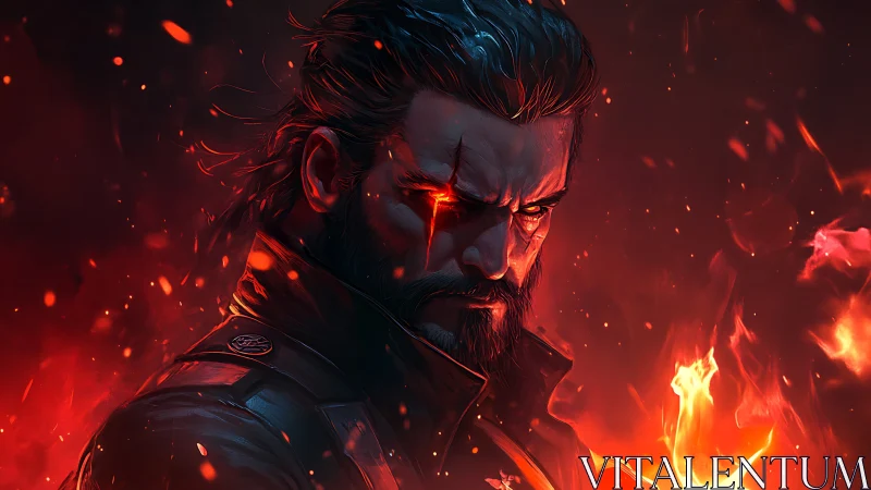 Infernal cyber-warrior portrait with flaming ocular augment