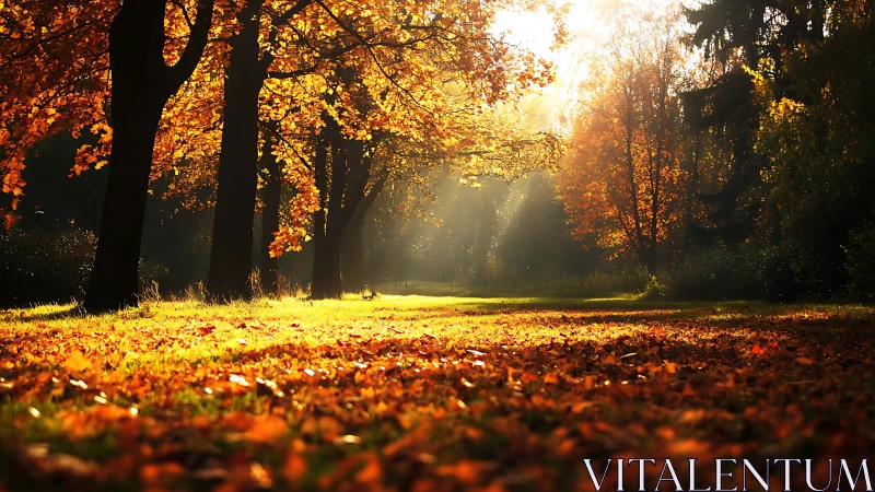 Backlit autumn woodland captures low-angle sun filtering leaves