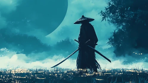 Lone wandering samurai pauses beneath a vast moonlit sky