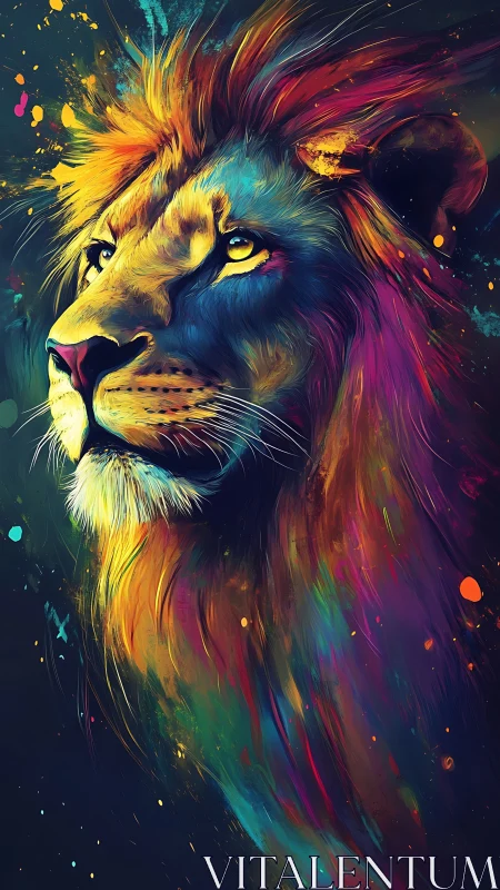 Majestic neon lion gazes upward in vivid cosmic colors.