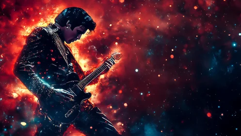 Electric guitarist silhouette in fiery cosmic nebula glow