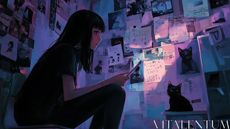 Digital painting of girl and black cat in neon-lit study corner.