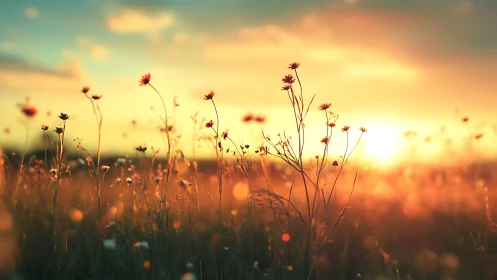 Wildflower silhouettes glow against expansive sunset field