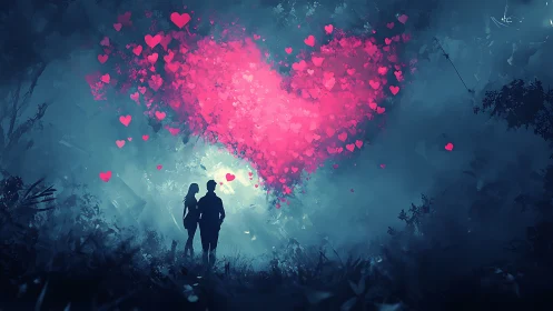 Silhouetted couple beneath massive pink heart cloud formation