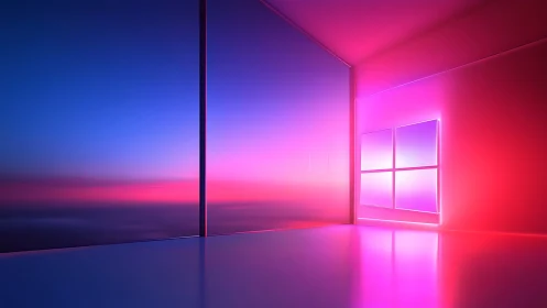 Neon gradient studio interior with panoramic glass horizon.