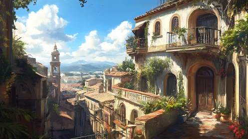 Sunlit hillside terrace overlooking a dreamy Italian town.