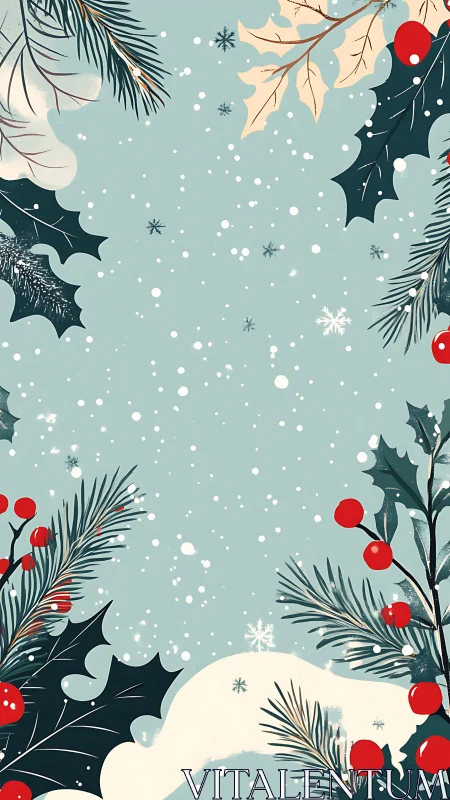 Cozy winter holly border with softly falling snowflakes.