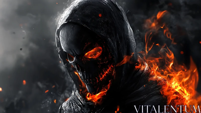 Hooded fire spirit smiling through smoke and embers softly.