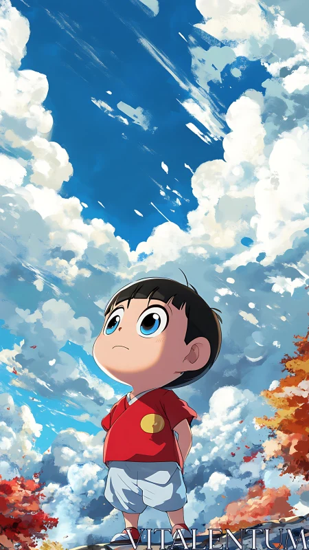 Small boy under vast autumn sky with towering clouds.