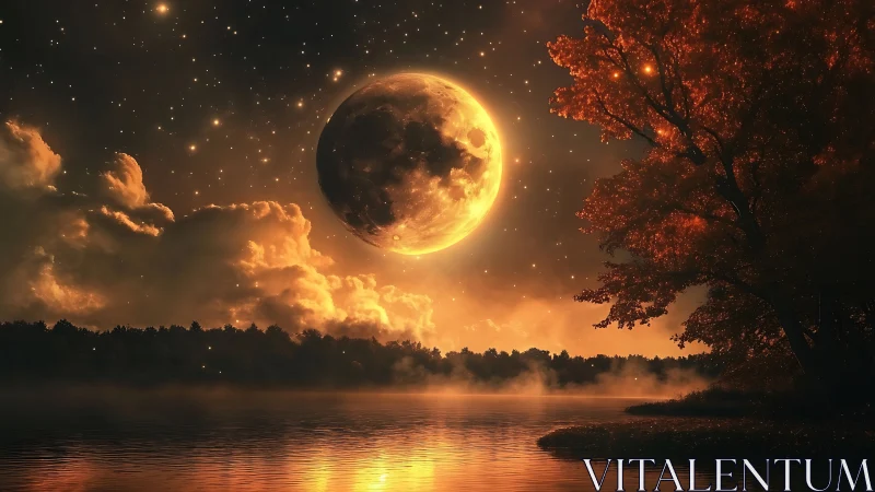 Cinematic harvest moon rising over misty lakeside forest