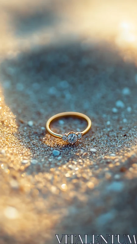 Gold diamond engagement ring resting on sunlit sand.