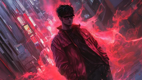 Man in red jacket stands amid glowing red urban energy