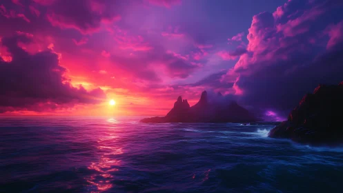 Vivid purple ocean sunset with dark rocky coastline.