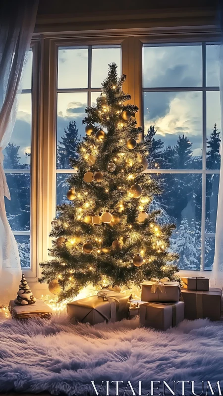 Golden Christmas tree by winter window with gifts glowing.