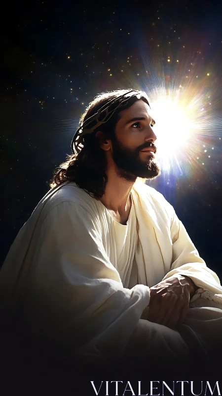 Luminescent robed figure in cosmic backlight, contemplative posture.