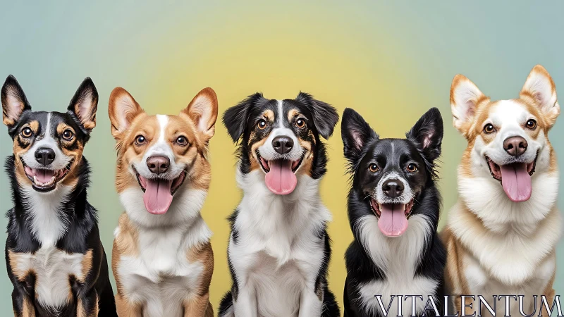 Five medium-sized dogs sit aligned against a gradient backdrop