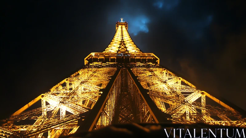 Gold-latticed night tower rockets into stormy Parisian sky.