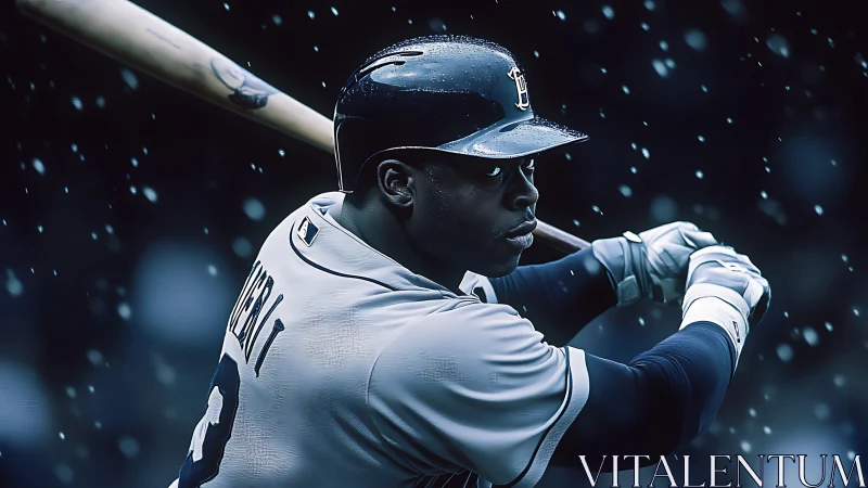 Baseball batter holds ready stance under falling rain.