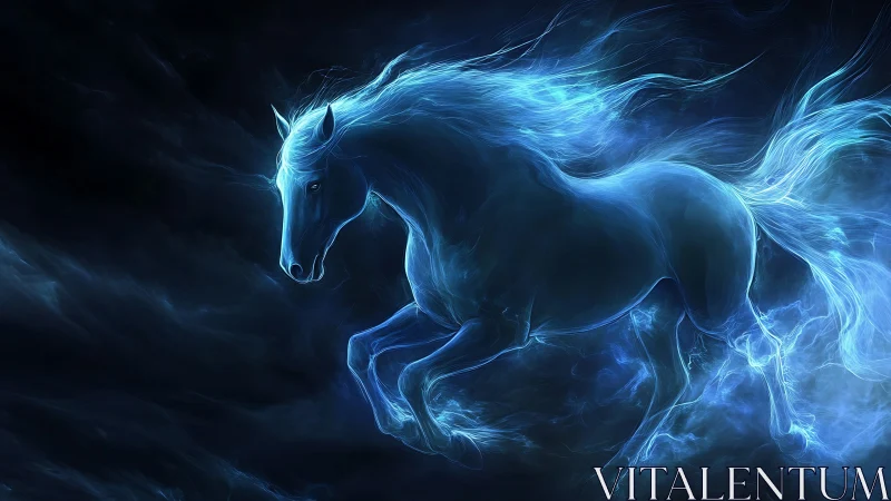 Ethereal blue energy horse galloping through nebulae shadows.