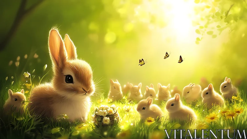 Sunlit meadow scene with rabbits and butterflies gathered.