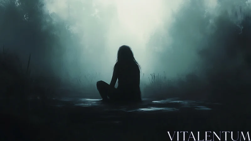 Solitary silhouette seated before a luminous forest haze