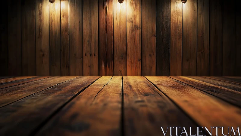 Warm wooden stage interior shows spotlit rustic floor