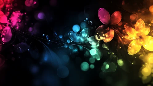 Prismatic blossom currents drifting across neon night.