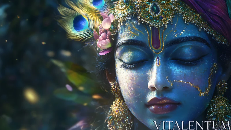 Radiant blue deity in quiet meditation with jeweled grace.