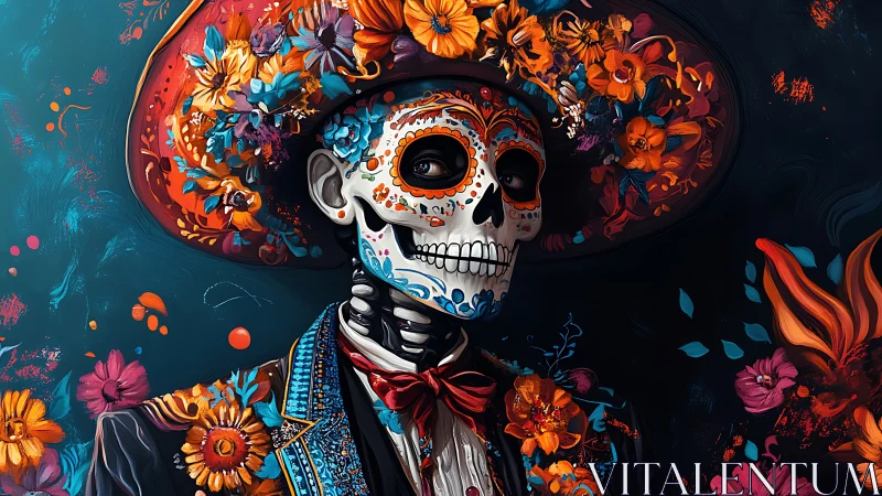 Calavera portrait with marigold sombrero and floral embroidery