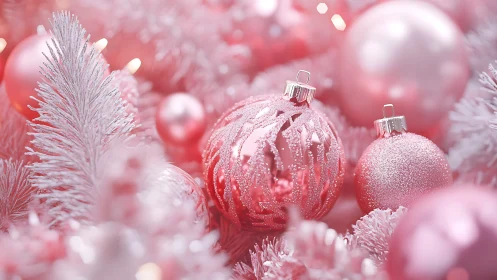 Pink Christmas ornaments among frosted tree branches.
