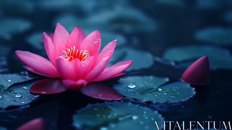 Pink Water Lily Floating in Moonlit Serenity.