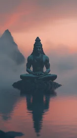 Monolithic Shiva statue in misty lake with symmetrical reflection