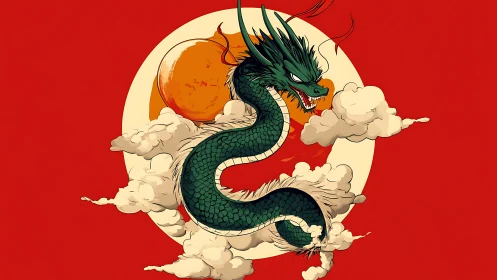 Emerald serpentine dragon coiled before sun disc on red field