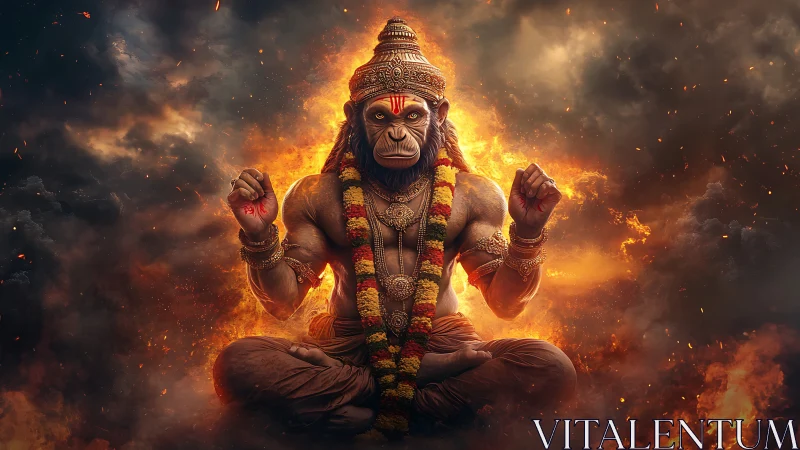 Monkey-headed deity sits in lotus pose amid blazing fire