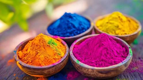 Vibrant Holi color powders in rustic wooden bowls outdoors.